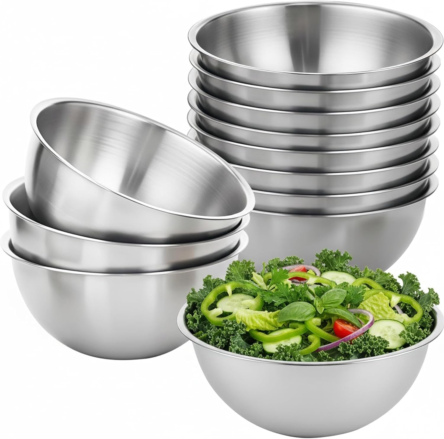 Photo 1 of 12 Pcs 304 Stainless Steel Mixing Bowls with Graduations, Metal Serving Salad Bowls, Reusable Baking Food Storage Containers for Baking, Cooking, Making Salads, Soups, Ice Cream, Noodles, cereal