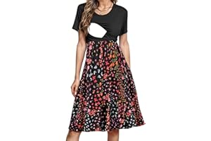 PARNIXS Women's Nursing Dress Summer Short Sleeve Patchwork Pregnancy Clothes with Pockets