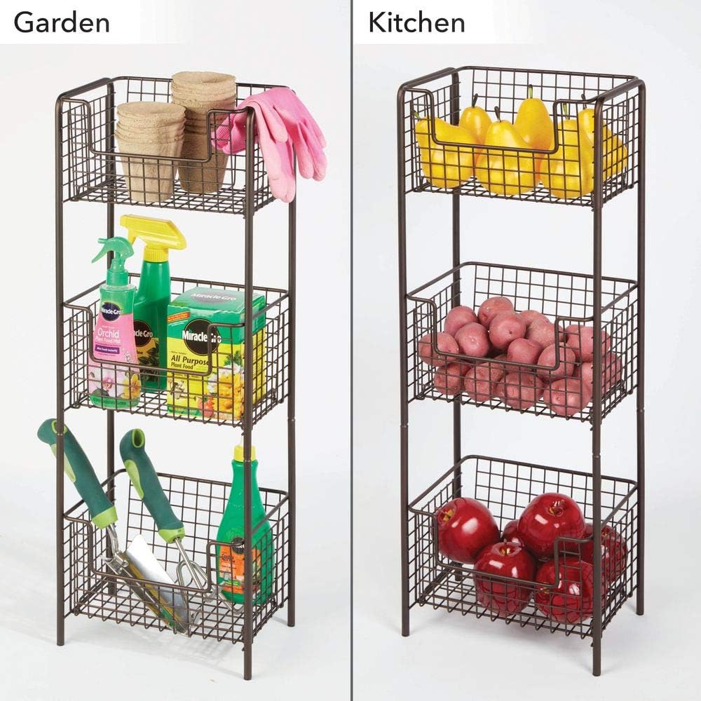 mDesign 3 Tier Vertical Standing Bathroom Shelving Unit, Decorative Metal Storage Organizer Tower Rack with 3 Basket Bins to Hold and Organize Bath Towels, Hand Soap, Toiletries - Bronze: Kitchen & Dining