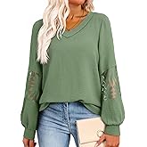 Dokotoo Womens Tops V Neck Long Sleeve Lace Dressy Casual Blouses 2025 Trendy Oversized T Shirts