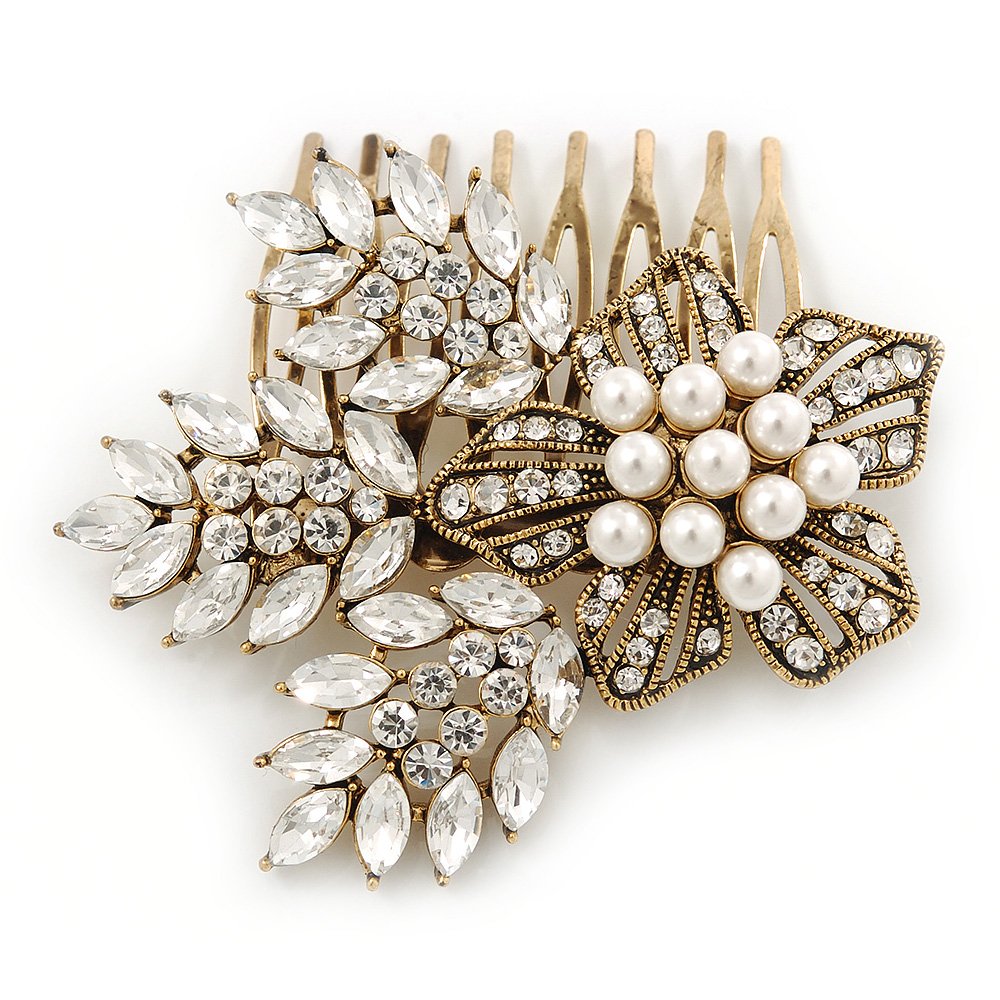 Vintage Inspired Bridal/Wedding/Prom/Party Gold Tone CZ, Faux Peal Floral Hair Comb - 65mm