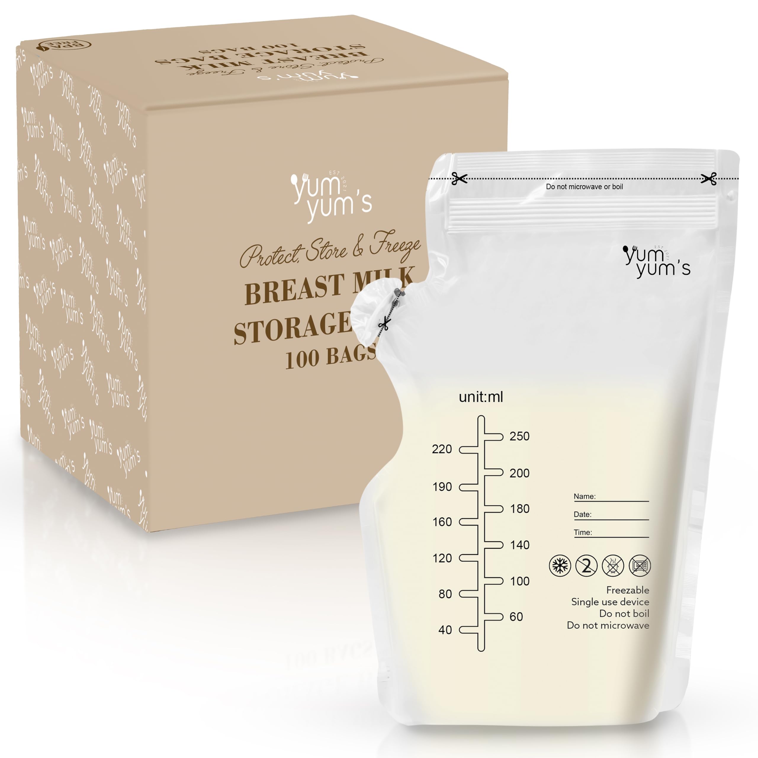 Yum Yum's 100 Pcs x 250ml Breast Milk Storage Bags - Disposable No-Leak Pouches w/Secure Double Zipper Seal & Pour Spout - Pre-Sterilised Freezer Bags - Easy Labeling for Date & Volume