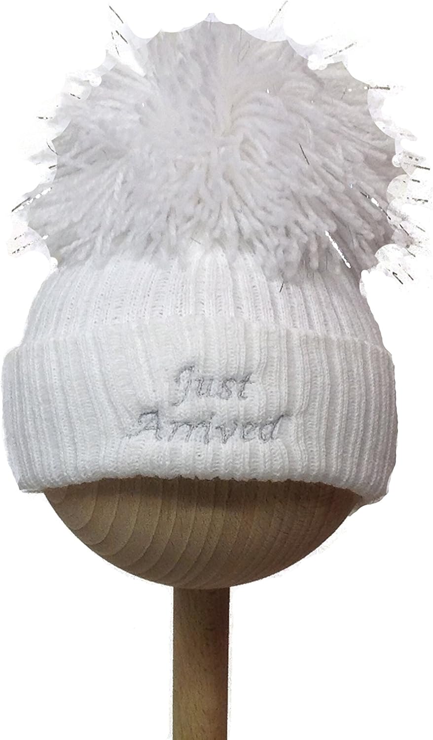 Just Arrived Newborn Baby Novelty Slogan Knitted Pom Pom Hat White Hat Silver Writing Amazon Co Uk Baby