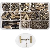 INSPIRELLE 100 Sets Assorted Size Bronze Ends for Ribbon Bracelet Bookmark Making Crimps Kit with Lobster Clasps and Chain Extenders