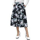 FARORO Midi Skirts for Women High Waist Floral Print Pleated A-Line Skirt with Pockets Work Casual