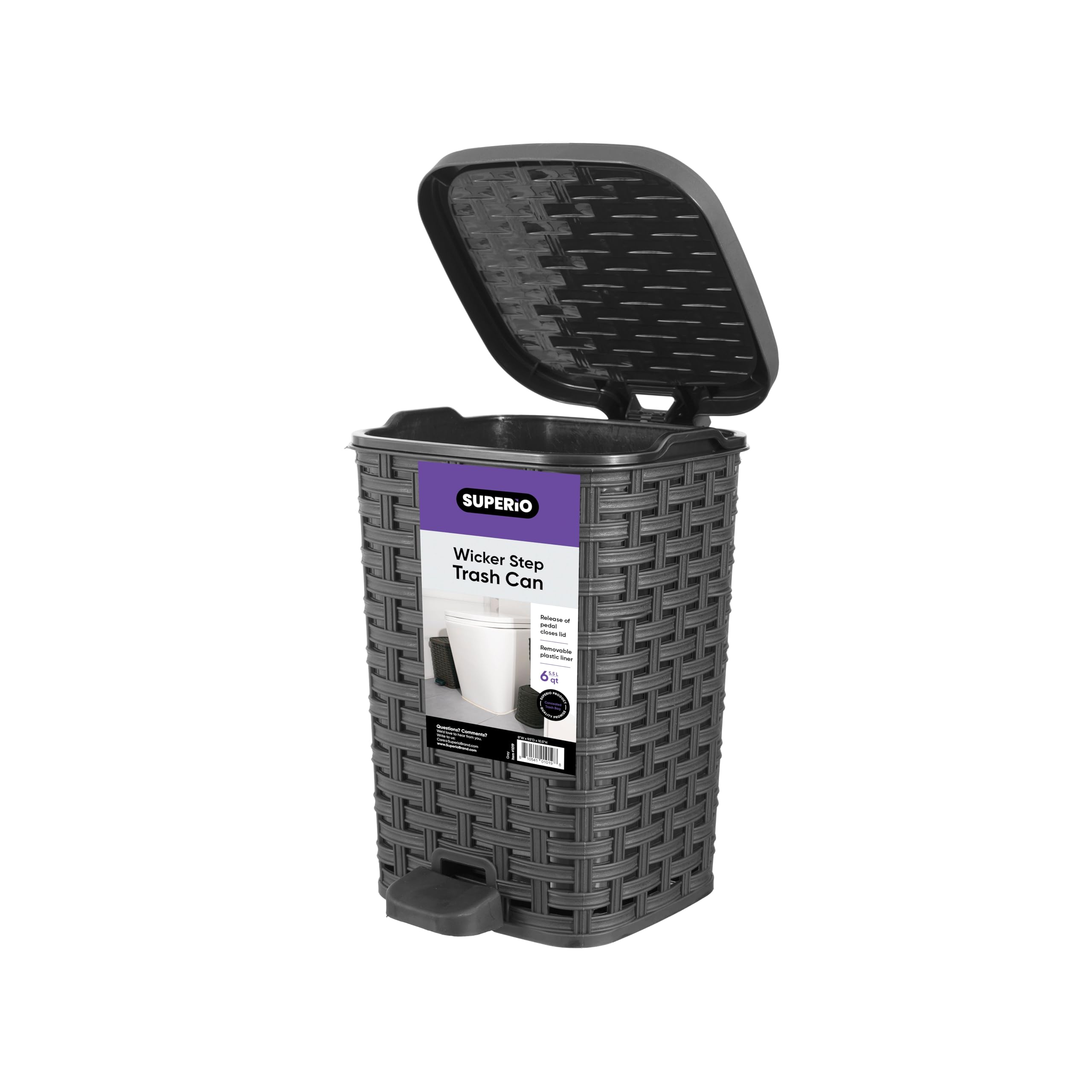 Photo 1 of Superio Mini Trash Can with Foot Pedal Small Outdoor Garbage Can with Lid, 1.5 Gallon Plastic Waste Basket for Bathroom, Bedroom, Kitchen, Office, Patio (Wicker Grey 6 QT.)