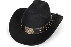 FGSS Western-Cowboy-Hats for Women Men - Classic Wide Brim Felt Fedora Unisex Upturn Bull Head Cowgirl Caps with Buckle Belt