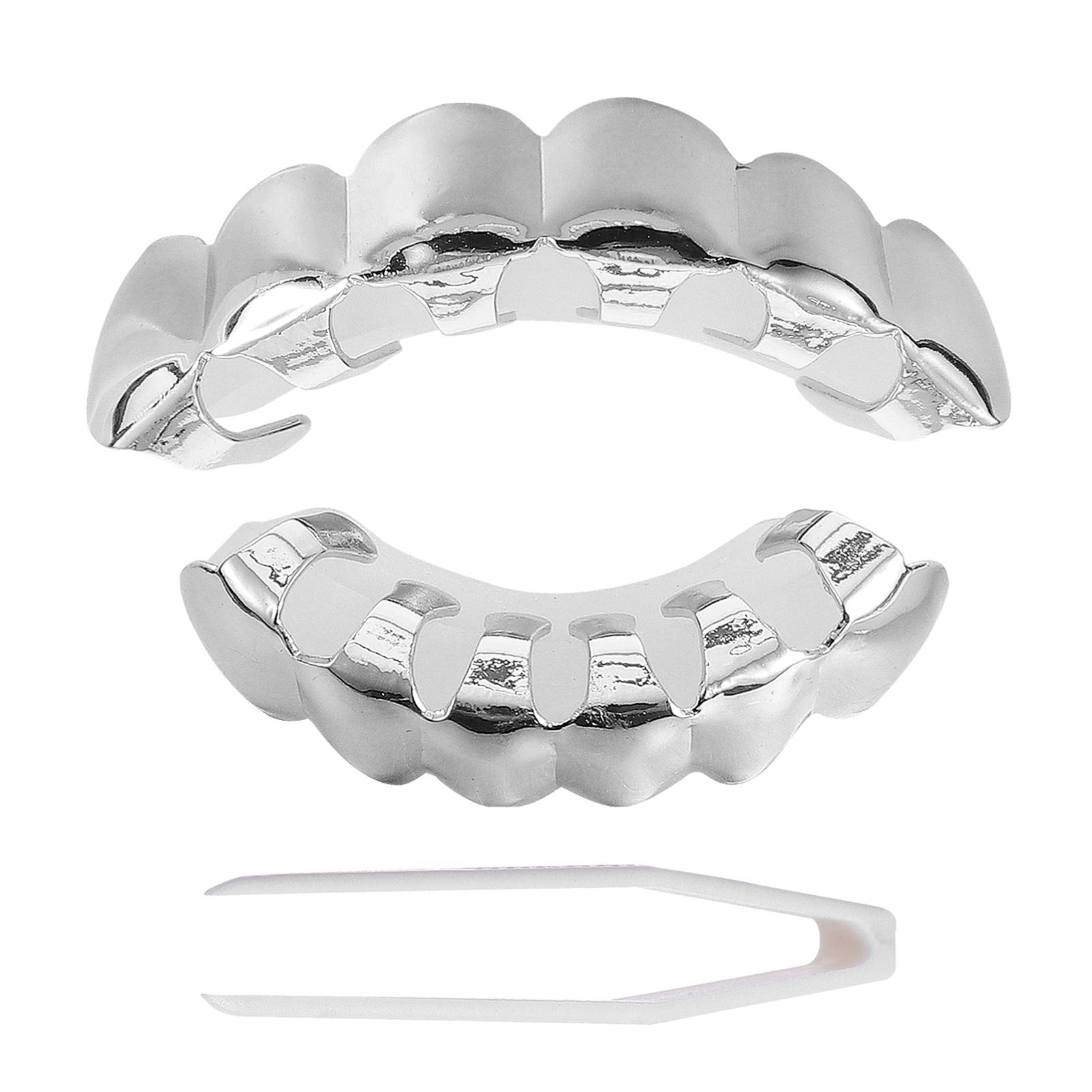 Milisten Silver Hip Hop Vampire Teeth Grills Top and Bottom Face Mouth Vampire Fangs for Your Teeth Hip Hop Jewelry Party Favors