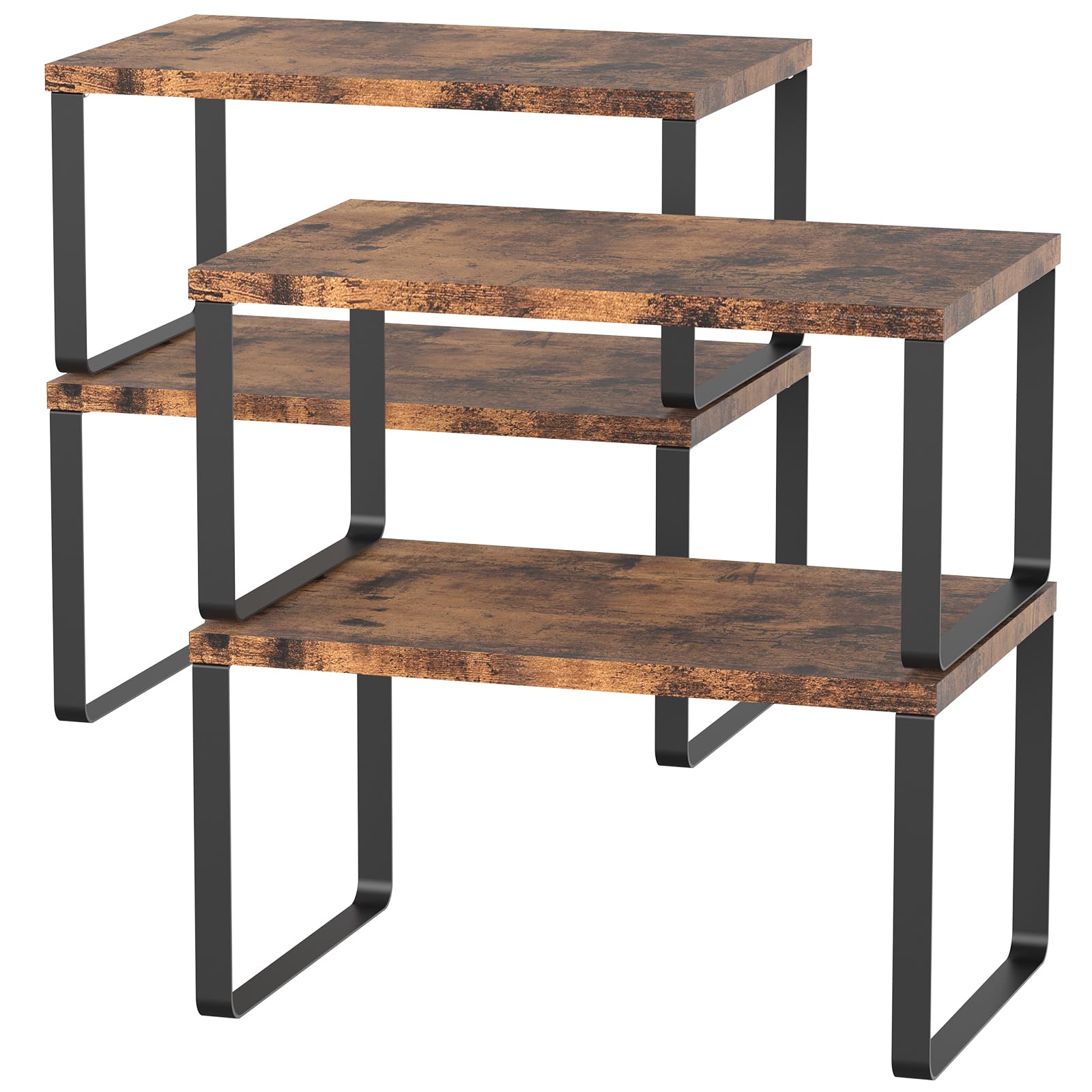 CADUKE Kitchen Cabinet Shelve Organizer, Set of 4 Counter Shelves, Stackable and Expandable Countertop Organizer Racks for Kitchen, Pantry, Bathroom, Rustic Brown Wood and Black Metal Frame