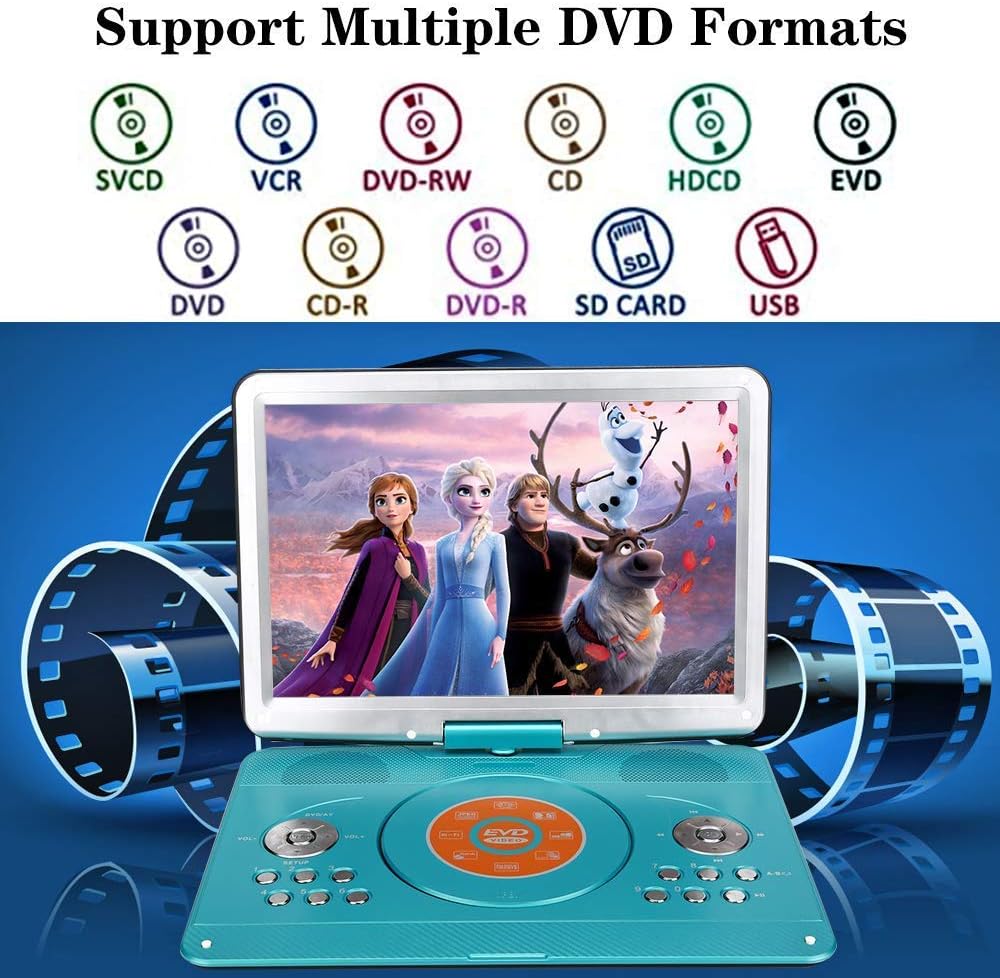 YOOHOO 14 inch Portable DVD Player with Remore Controller High Resolution Rechargeable Battery Large Size Screen DVD Player for Car (Green) - Image 3