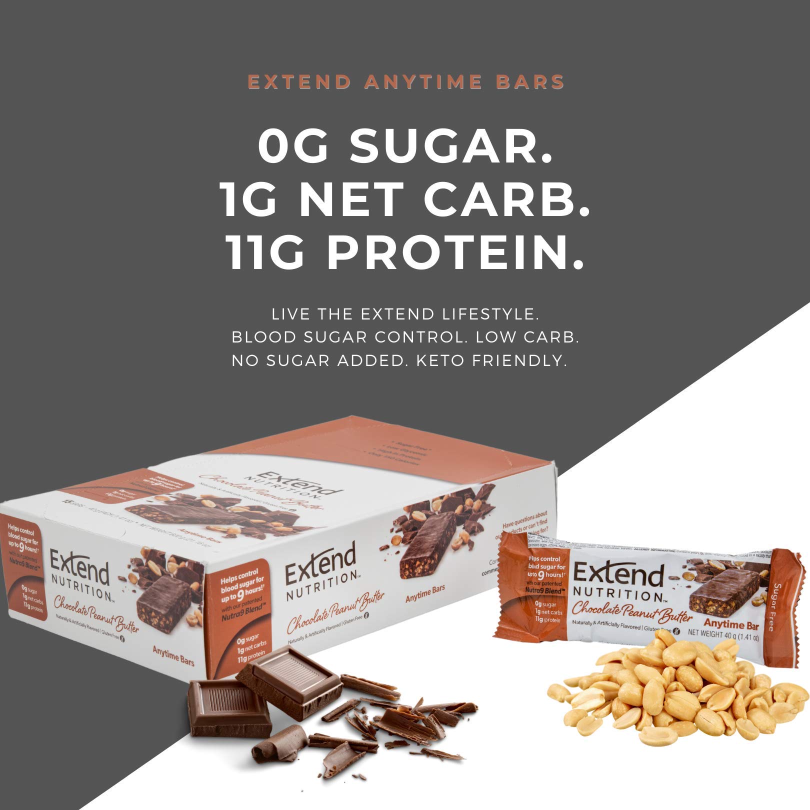 Extend Nutrition Sugar Free Keto Bars, Perfect Diabetic Snacks for Adults and Kids, High Protein Bars for Hunger Control & Steady Energy, Low Carb, Keto Friendly, Chocolate Peanut Butter, 15 Count