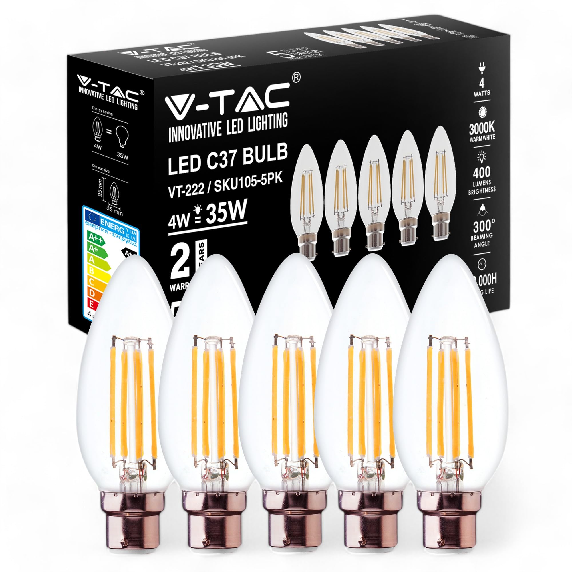 VTAC B22 Led Candle Bulb Bayonet, LED Filament Candle Bulb, C37 4W Edison Candle Light Bulbs, 40W Incandescent Bulb Equivalent, Warm White 3000K, 470Lm, Ceiling Light Fittings Non-Dimmable, Pack of 5