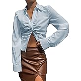 SweatyRocks Women's Long Sleeve Button Up Shirt Collar Neck Cinched Ruched Fitted Blouse Top