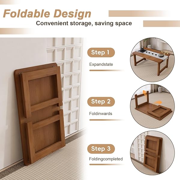 MHIUSI FLOOR COFFEE TABLE FOR LIVING ROOM, JAPANESE FOLDING LOW DINING TABLE, NO ASSEMBLY FOLDABLE TATAMI TEA TABLE – NATURAL SOLID WOOD BAMBOO, RECTANGLE GROUND DESK FOR SMALL SPACES (WALNUT)