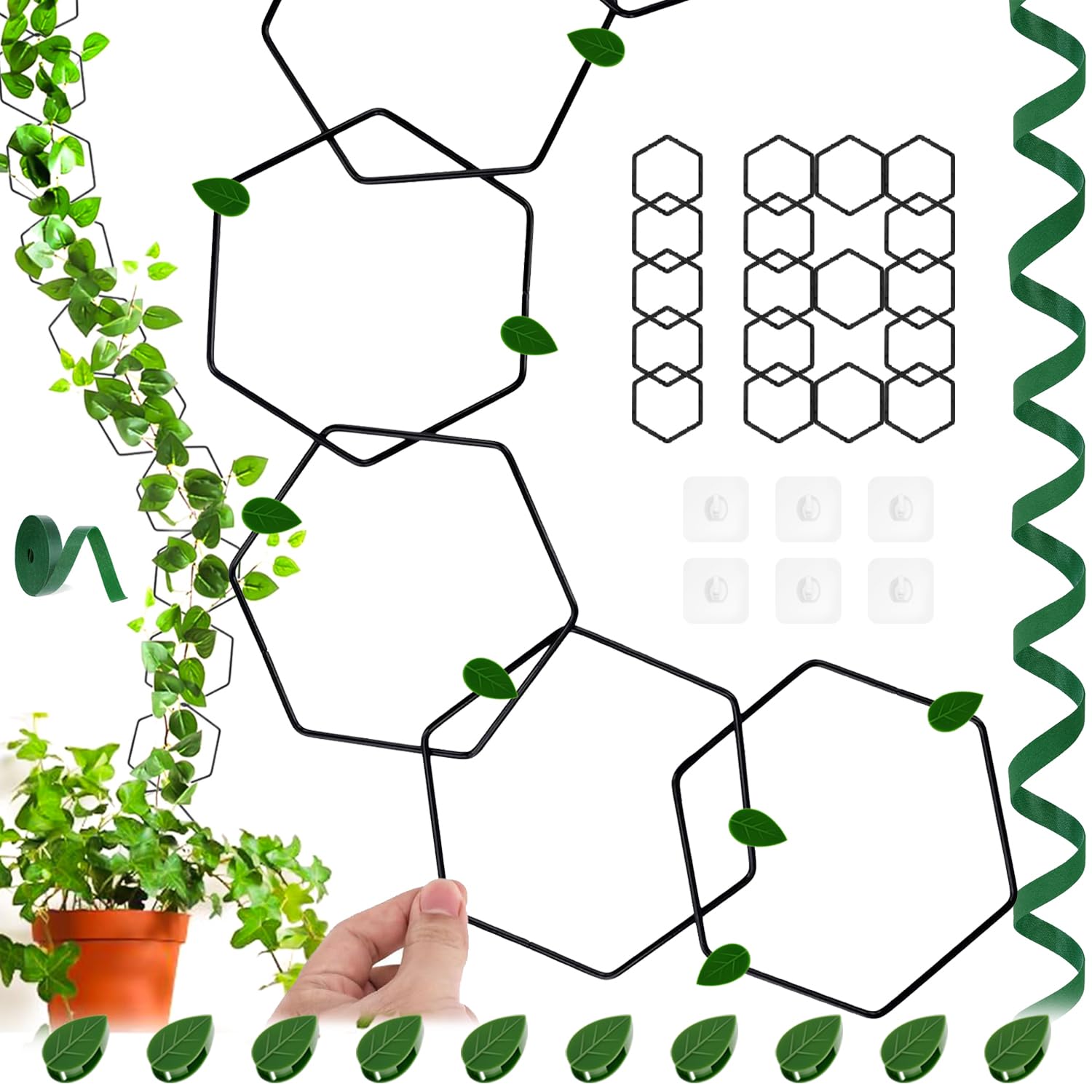 18PCS Chain Trellis for Climbing Plants, Climbing Plants Support Hexagon, Versatile Indoor & Outdoor Plant Support, DIY Trellis, with 1M Ties and 10 PCS Hooks, for Vines, Pothos, Hexagon