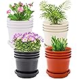 Elsjoy Set of 16 Plastic Planter Pots with Drainage Saucer, 6 Inch Flowers Pot Decorative Plant Pots for Succulents, House Plants, Garden, 4 Colors