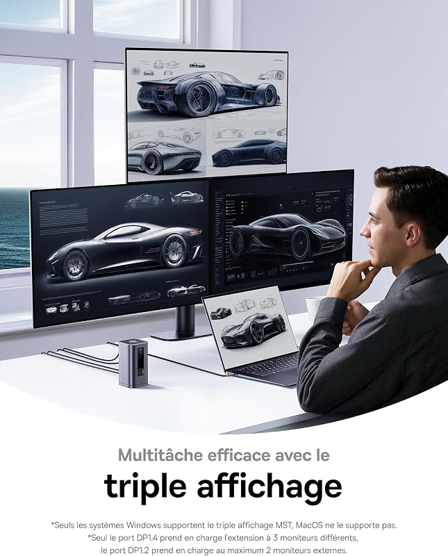 Spacemate 11 en 1 Docking Station avec Adaptateur 3 Moniteurs pour Windows, avec Écran Intelligent, 4K HDMI/DP, 10Gbps USB-C/A, 100W PD, Ethernet, Audio, Compatible avec HP/Lenovo/Dell/Acer