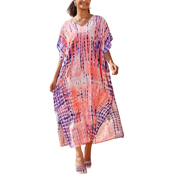 FIKIMOS Cotton Hand Block Print Beach Caftan - Women's Swimsuit Cover-up, Lightweight Summer Coverup