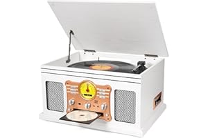 TANLANIN 10 in 1 Vintage Bluetooth Record Player Turntable with Built-in Speakers, Vinyl Turntable CD Cassette Player & AM/FM Radio Combo Multimedia Center, USB Recording, RCA Out AUX in, White Wood
