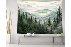QGHOT Misty Forest Tapestry, Nature Mountain Tapestry Wall Hanging Watercolor Landscape Wall Tapestries for Bedroom Aesthetic Men Living Room Sage Green Wall Art Home Decor Gift 59.1"x51.2"