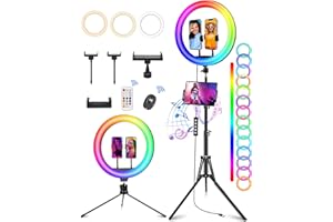 STALLY 13.3" Ring Light with Stand, Music Mode, 75" Tall with 3 Phone Holder, 3 CCT Modes & 48 RGB Color Modes, Ring Light Tripod for iPhone with Wireless Remote, Great for Photograph/Makeup/TikTok
