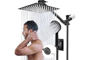 10 Inch Matte Black Rainfall Handheld Shower Head Combo Set GIFTQOOL High Pressure 5 Modes Dual Shower Head with Adjustable R