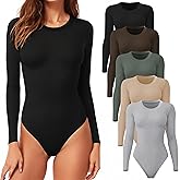CE' CERDR 4/5 Pack Long Sleeve Bodysuit for Women Round Neck Casual Stretchy Basic Shirts Crew Neck Body Suits Tops