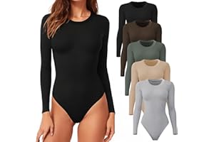 CE' CERDR 4/5 Pack Long Sleeve Bodysuit for Women Round Neck Casual Stretchy Basic Shirts Crew Neck Body Suits Tops