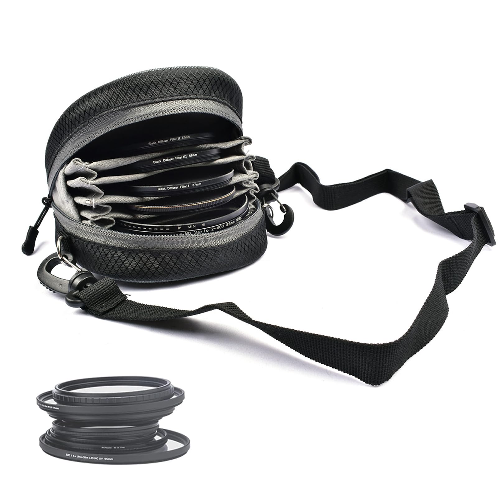 8 Pockets Lens Filter Case with Shoulder Strap, Nylon Dustproof Camera Lens Filter Pouch Case for Round Filters Up to 95mm, with Removable Inner Lining