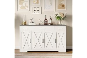55 Inch Farmhouse Sideboard with Storage - Modern Buffet Cabinet with 3 Drawers & Adjustable Shelves, Wood Coffee Bar Cabinet