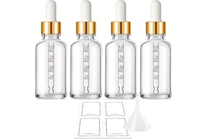 Bumobum 1 oz Dropper Bottle, Clear Glass Dropper Bottle with Measured Dropper & Golden Cap, Empty Eye Tincture Bottles with Funnel & Labels for Essential Oils Serums Tavel Liquids, 4 Pack