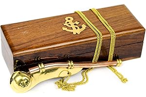 Boatswain's Brass Crafted Bosun's Pipe Whistle with Chain & Handcrafted Rosewood Anchor Inlayed Case | Pirate's Decor Collect