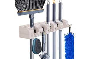 HYRIXDIRECT Wall Mount Broom Mop Holder Hanger Garden Tool Organizers Rack Garage Laundry Room Organizations and Storage with Hooks Heavy Duty
