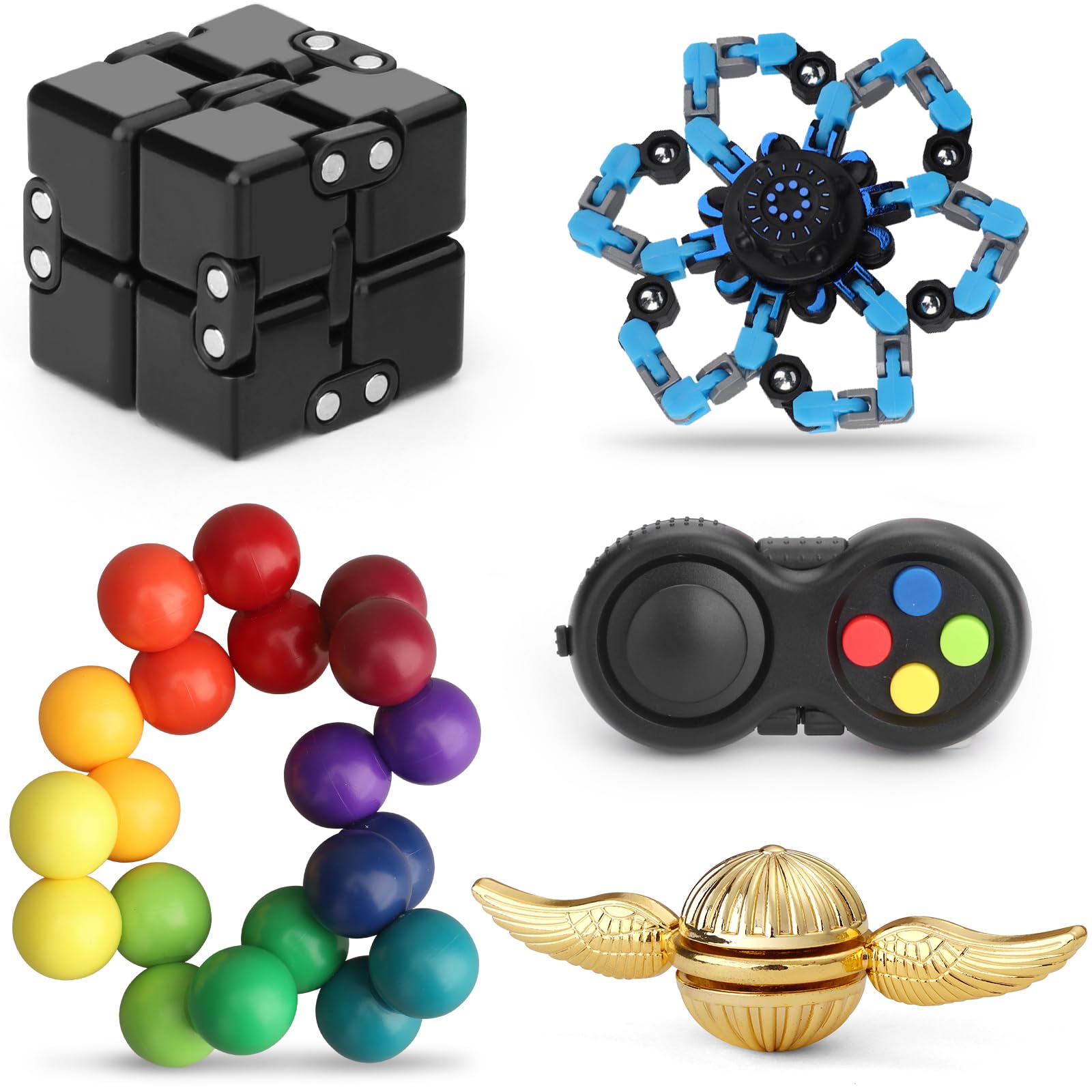 Dilabnda 5 Pack Fidget Toys Party Pack for Kids Adults, Infinity Cube, Pad, Golden Fidget Spinner, Sensory Rainbow Ball Fidget Focus Quiet Executive Desk Toys Set, Classroom Prize Stocking Stuffer