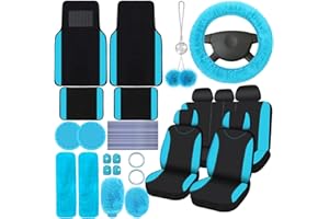 Woanger 47 Car Seat Cover Full Set for Women Included Car Front Rear Seat Fluffy Steering Wheel Cover Belt Automotive Floor Mats Air Conditioner Decoration Strip Universal(Lake Blue)
