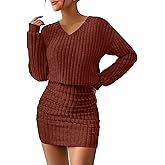 Oakgarden Women's Pullover Sweater Dress Long Lantern Sleeve Ribbed Knit V Neck Ruched Bodycon Mini Dress 2025 Fashion
