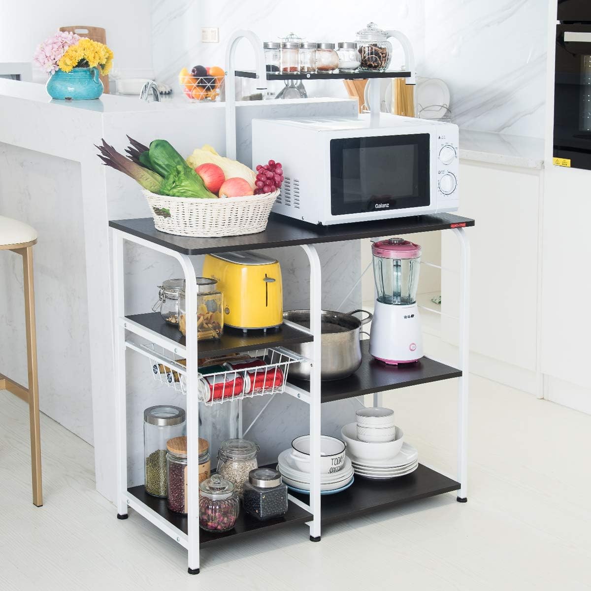 Mr IRONSTONE Kitchen Baker's Rack Utility Storage Shelf 35.5" Microwave Stand 3-Tier+4-Tier Shelf for Spice Rack Organizer Workstation(Dark Brown) - Standing Baker's Racks