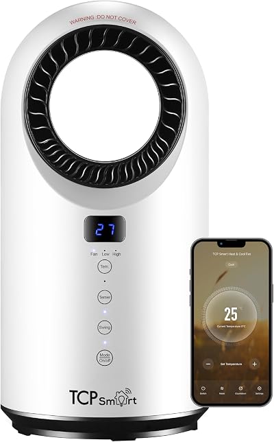 TCP Smart Portable Bladeless Heater Fan 1500W White App WiFi Voice Alexa Google