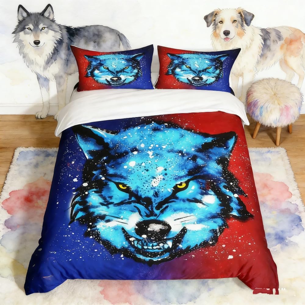 Loussiesd Boys Bedding Set King for Kids Teens Men 3D Wolf Duvet Cover Wildlife Animal Print Bedspread Cover with 2 Pillow Shams Microfiber Bed Cover Zipper Blue Red Personalized