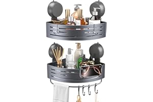 Shower Caddy Corner, 2 Piece Suction Cup Shower Shelf Organizer with Towel Bar and Hooks, No Drilling Rustproof Aluminum Bath