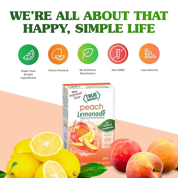 TRUE LEMON PEACH LEMONADE 10CT (PACK OF 1) – DRINK MIX – NO ARTIFICIAL SWEETENERS, LOW CALORIE – POWDERED DRINK MIXES & FLAVORS – WATER FLAVOR PACKETS & WATER ENHANCER WITH STEVIA