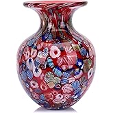 Round Red Glass Vase for Home Decor, Hand Blown Vase for Flowers, Boho Colored Art Glass Vases for Modern Dinner Table Funky 