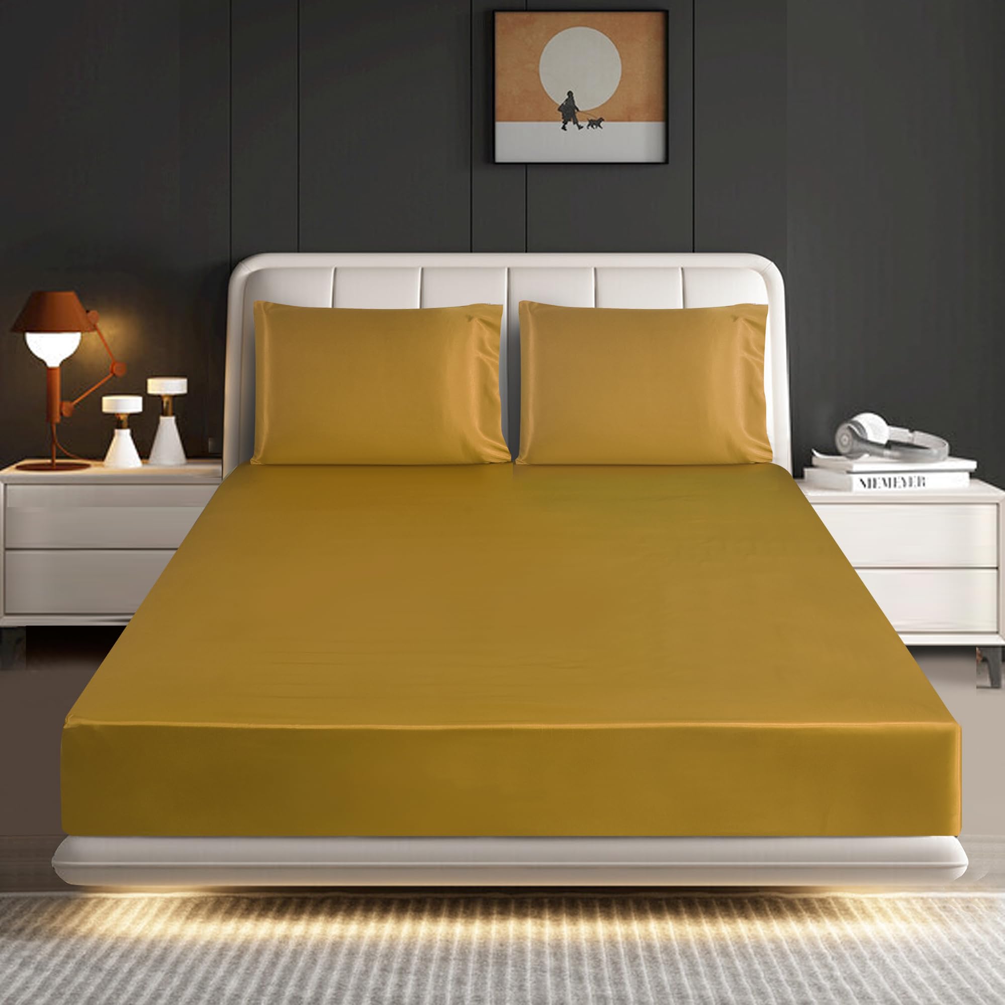 ROOEE Satin Silk Fitted Sheet with Pillowcase Set Breathable Soft Bedding Brushed Fabric Wrinkle, Shrinkage and Fade Resistant Bottom Bed Sheets (DULL GOLD, King)