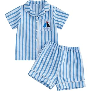 wybzd Toddler Girls Boys Summer Pajamas Sailboat Short Sleeve Lapel Button Shirt Striped Shorts Pjs Set Baby Kids Sleepwear