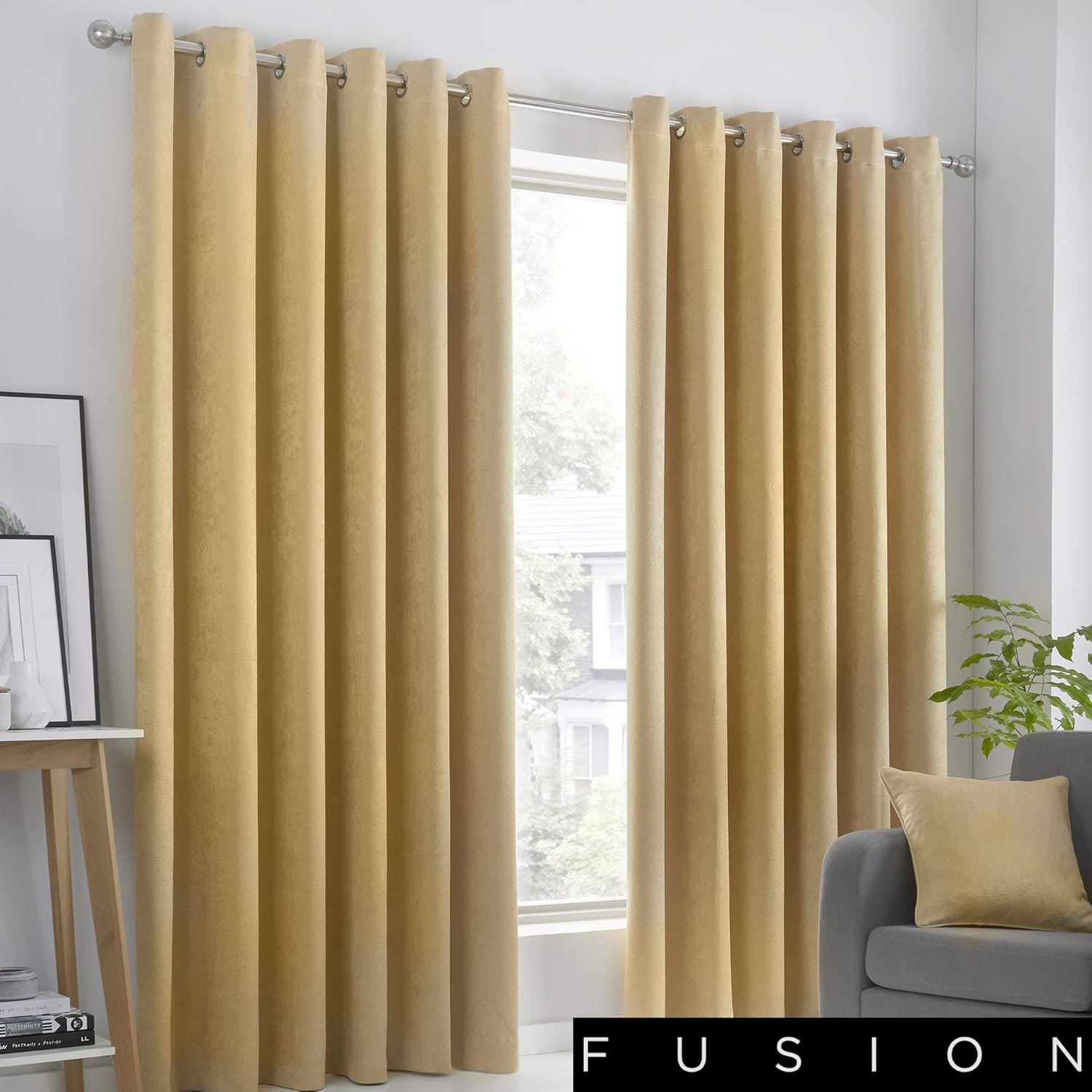 Fusion Strata Woven Eyelet Lined Curtains, Ochre, 66 x 72 Inch