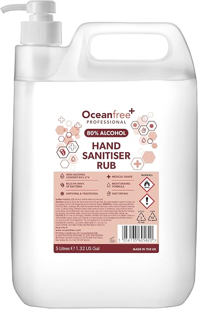 Ocean Free 80% Alcohol Hand Sanitiser Gel 5L with Pump Kills 99% Bacteria