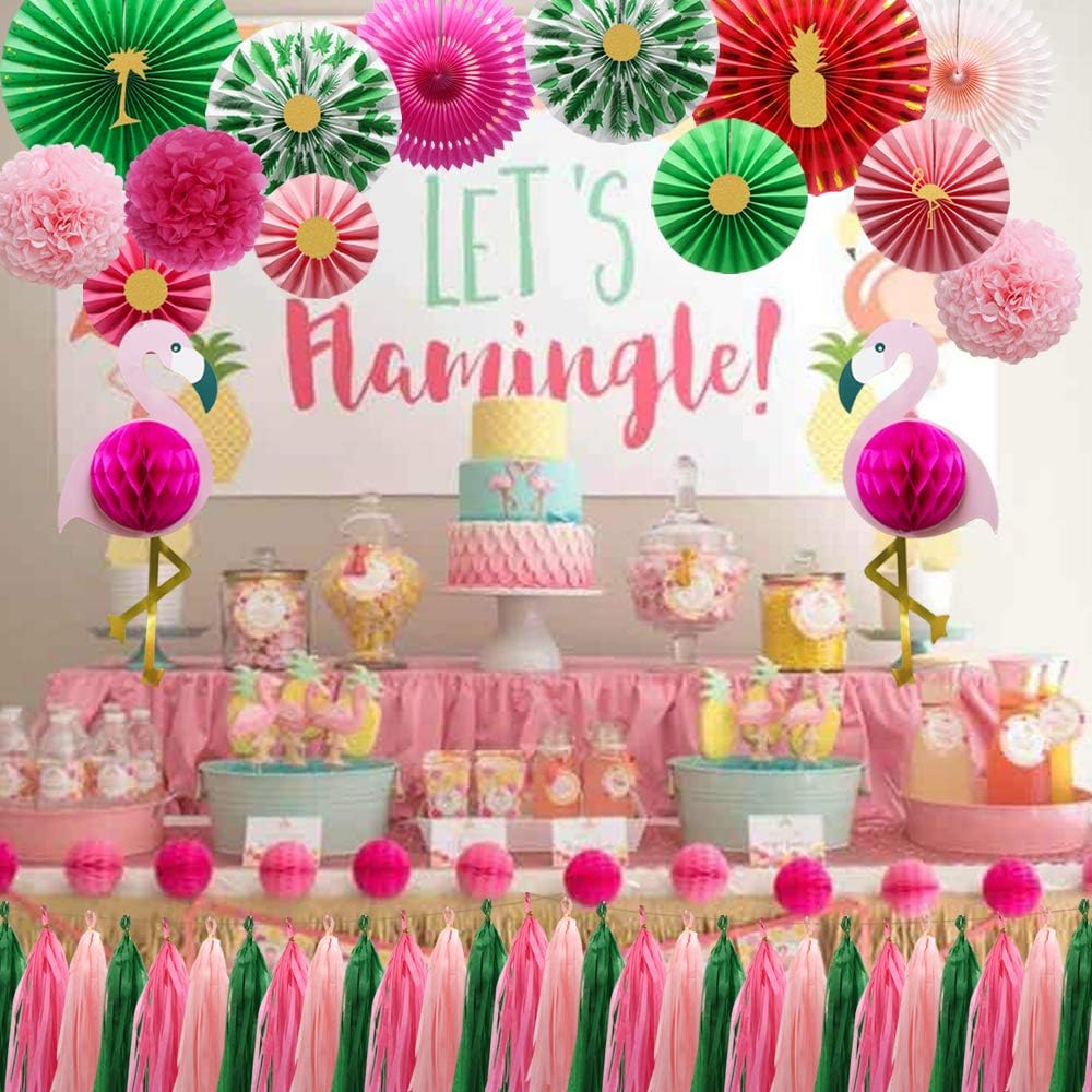 KAXIXI Tropical Flamingo Party Supplies, Pink Honeycomb Balls Hanging Paper Fans Pom Poms Flowers Tissue Tassels for Birthday Baby Shower Decorations Bachelorette Hawaiian Summer Beach Party: Home & Kitchen
