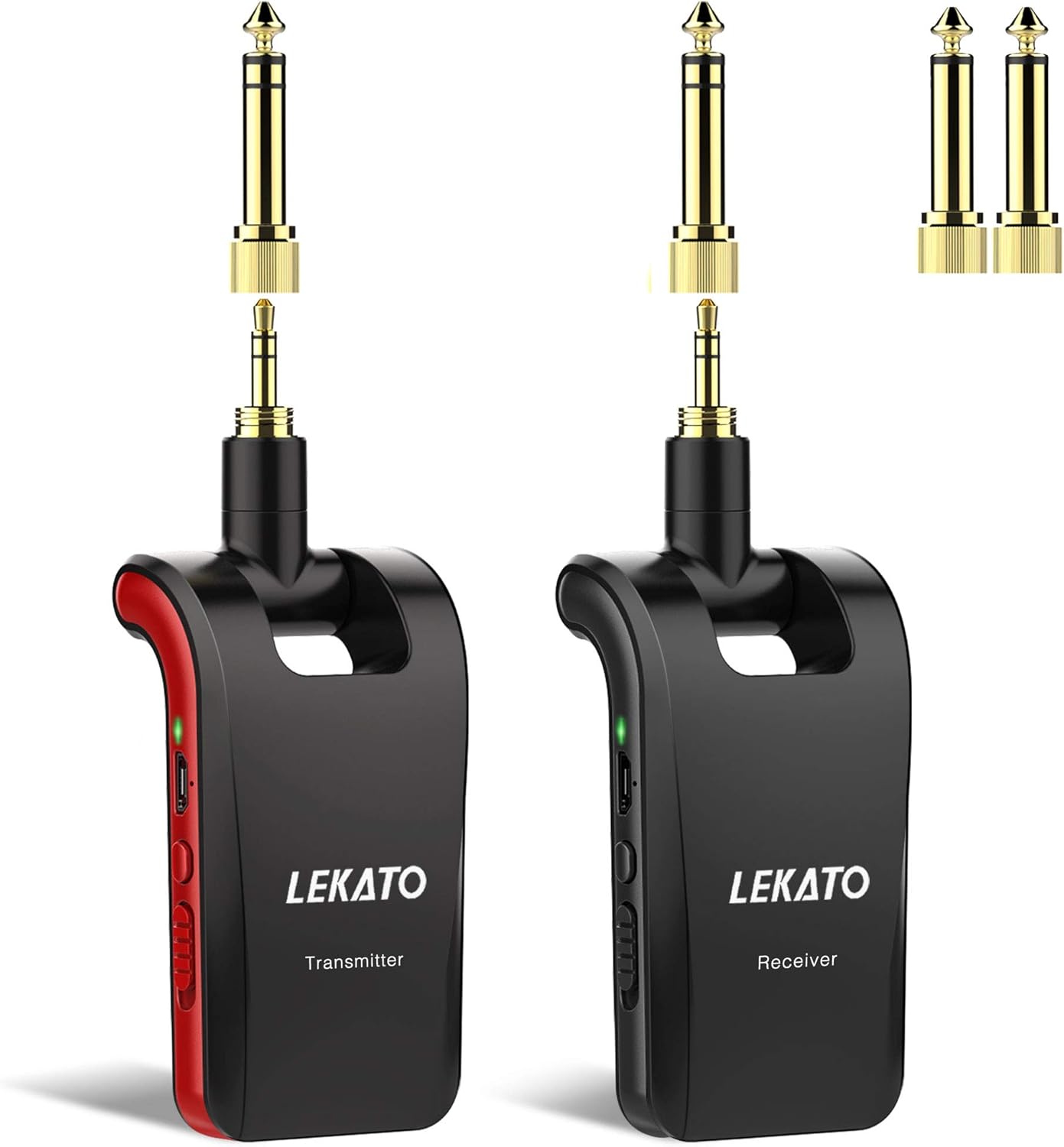 LEKATO Wireless Guitar System with Dual Jacks for Musical Instruments 2.4GHz Rechargeable Wireless Guitar Transmitter Receiver,Stereo Cordless Guiar Lead Bass Jack for Acoustic Electric Guitar Bass