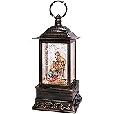 Nativity Snow Globe Lantern with Blowing Glitter - 10 inch Christmas Decoration with Battery Powered LED Light - Indoor Winter Tabletop Decor - Bronze