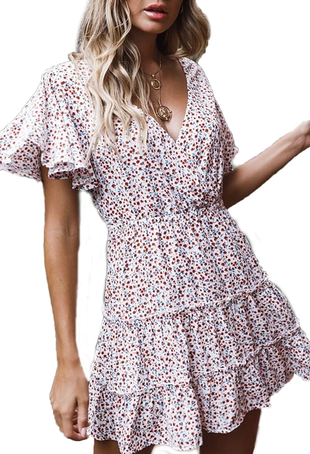 HZSONNE Women's Short Flare Sleeve Floral Print Empire Waist Flowy Boho